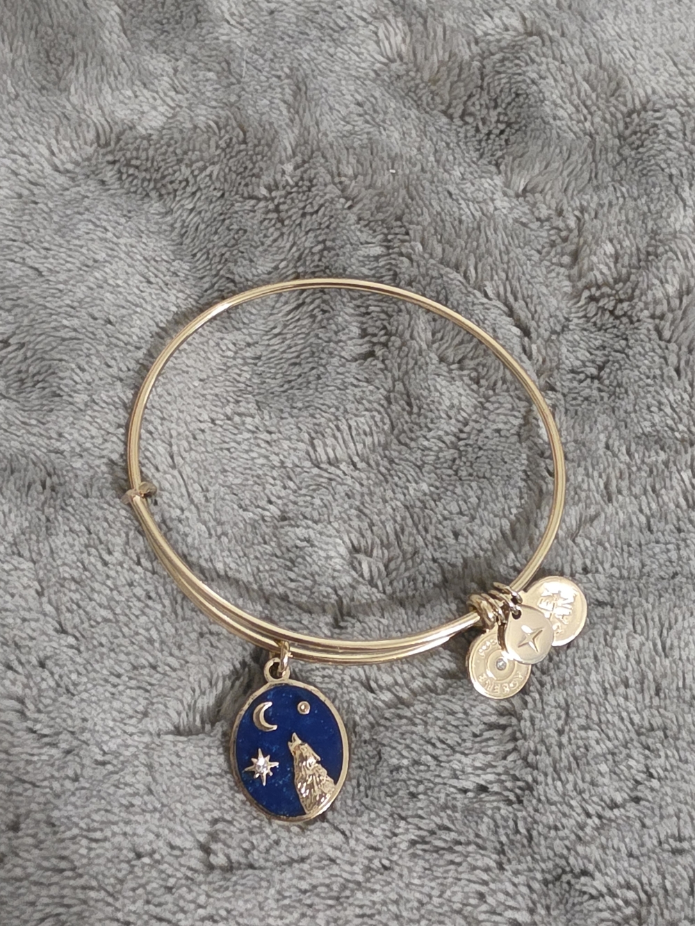 Alex And Ani Wild Heart Gold Bangle Bracelet with Blue Wolf Moon Charm